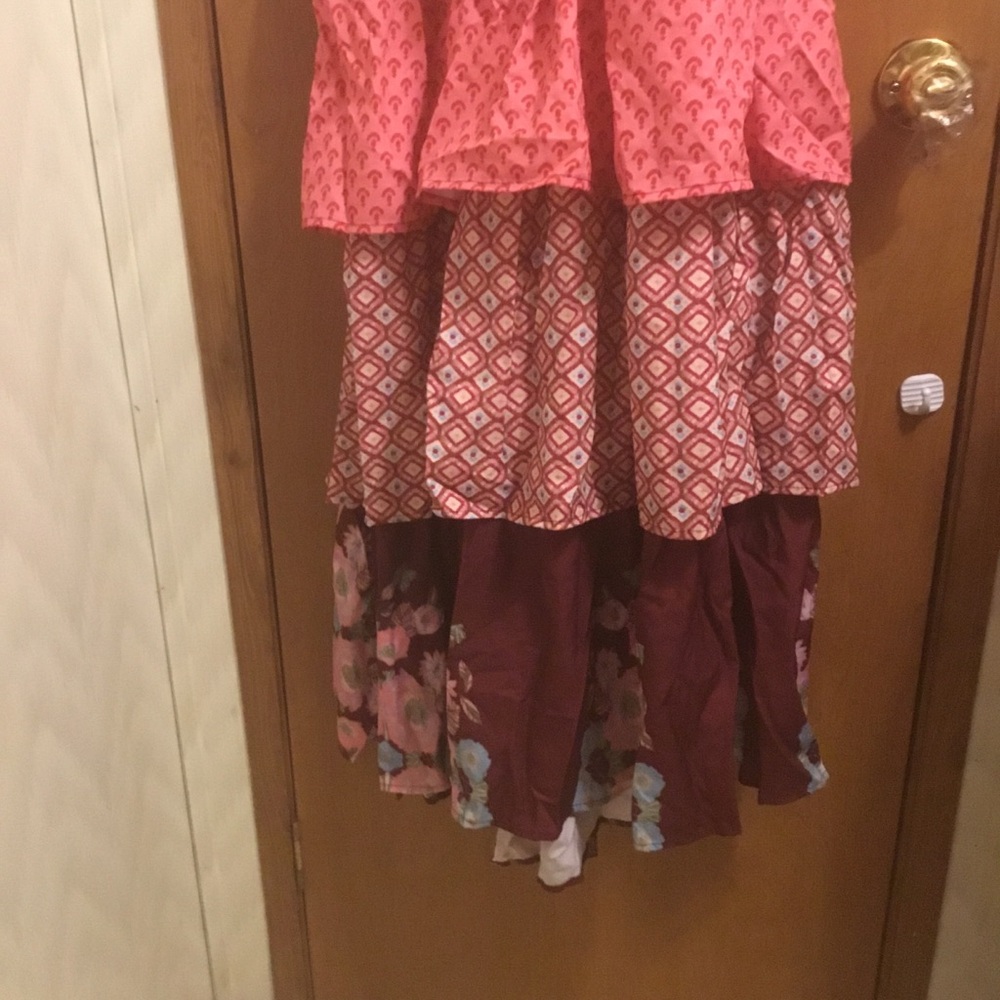 Floral Burgundy Crossback Strap Plunge Tier Ruffle Layer Vintage Maxi Dress L - Picture 16 of 16
